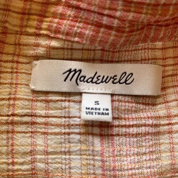 Madewell Womens S Orange Beige Plaid Button Down Short Sleeve 100% Cotton Gauze - Picture 4 of 5